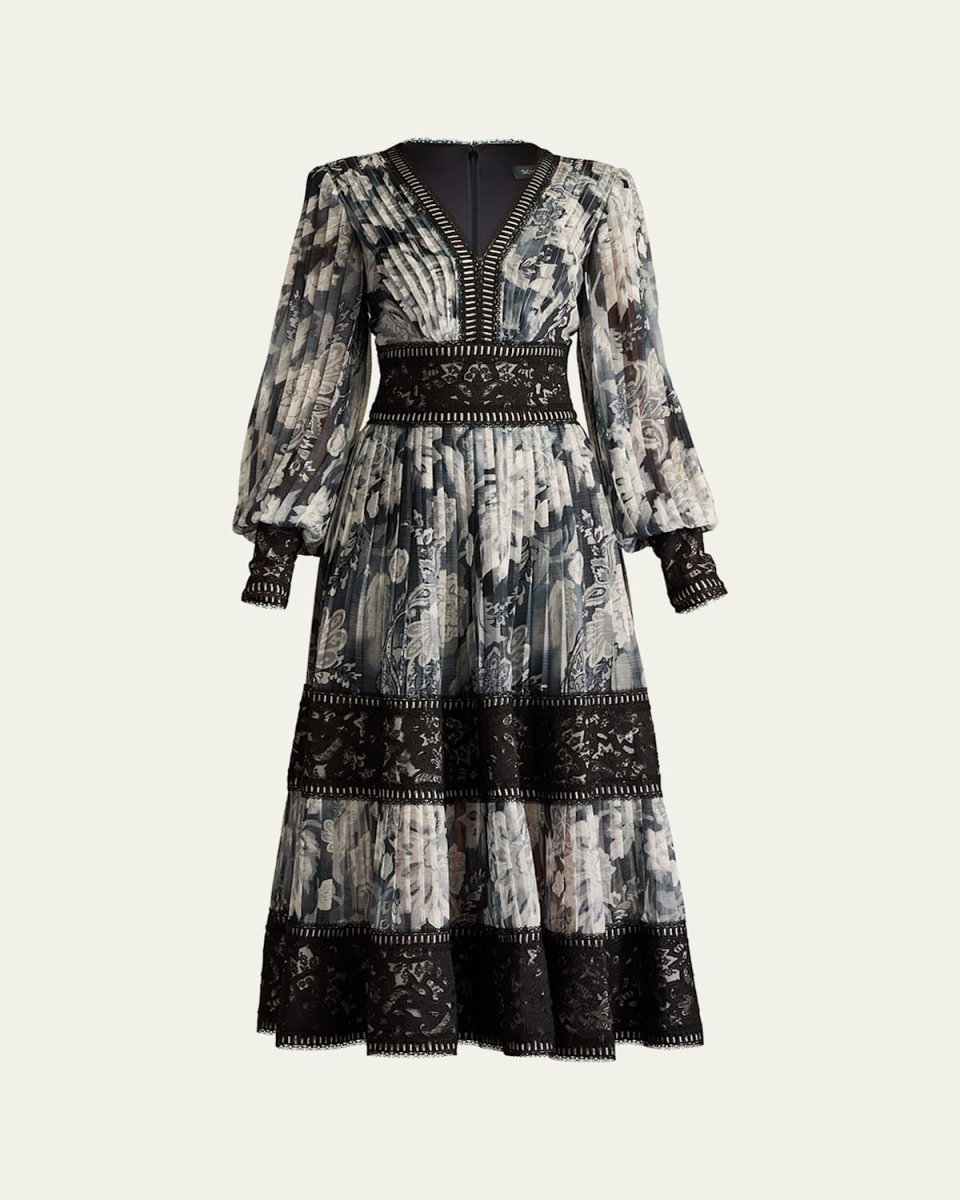 Pleated Lace Tiered Floral-Print Midi Dress
